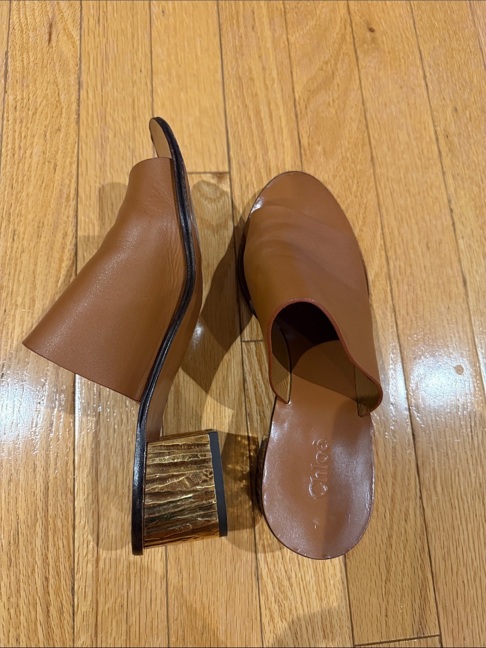 Chloé Tan Leather Open-Back Mules with Textured Gold Block Heel